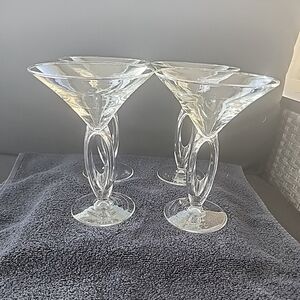 Libbey OMEGA Martini Glasses x 4 Open Loop Swirl Circle Optic Stem MCM Cocktail